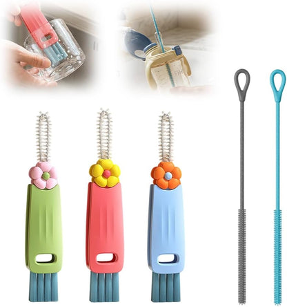 3PCS 3 in 1 Cup Lid Cleaning Brush and 2PCS Silicone Straw Cleaner Brush for Bottle, Multifunctional Crevice Portable Cup Lid Cleaning Brushes, Flexible Straws Cleaning Brush Set for Water Bottles