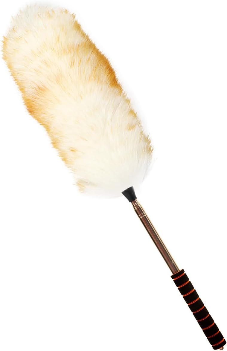 Extendable Lambswool Duster Stainless Steel Handle 133" Removable Feather Duster for Cleaning Ceiling Fans Interior Roof Furniture, Brown
