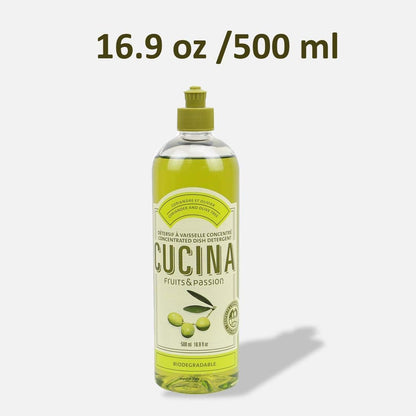 Cucina Fruits & Passion Concentrated Dish Soap, Coriander & Olive Tree, Olive Oil Enriched Liquid Dishwashing Detergent, Vegan & Biodegradable Formula, Refillable Recyclable Bottle,16.9 fl oz (500 ml)
