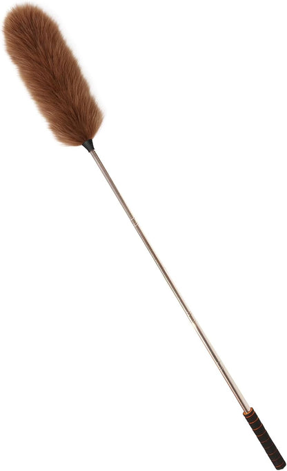 Extendable Lambswool Duster Stainless Steel Handle 133" Removable Feather Duster for Cleaning Ceiling Fans Interior Roof Furniture, Brown