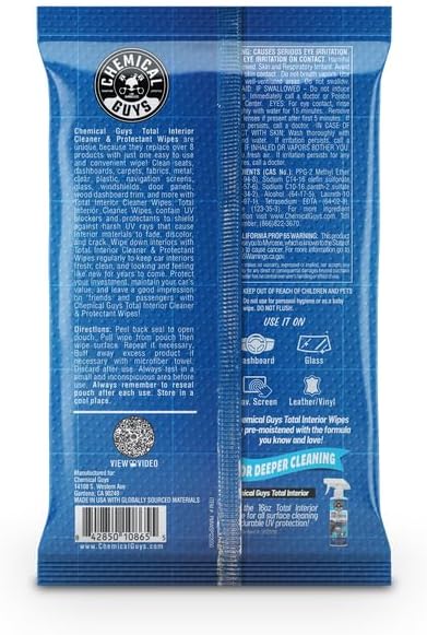 Chemical Guys Total Interior Cleaner & Protectant Wipes – 50 Pack Multi Surface Car Interior Cleaning Wipes for Dashboards, Doors and Seats – Safe for Trucks, SUVs, RVs and Home Use