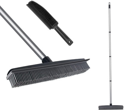 LandHope Carpet Rake for Pet Hair Remover Long Handle with Squeegee, Rubber Broom Carpet Brush Non Scratch Bristles Fur Remover Indoor Outdoor Push Broom for Cat Dog Hair Hardwood Tile Windows Clean