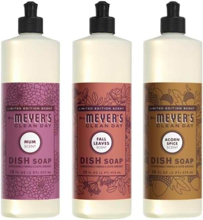 Mrs. MEYER'S CLEAN DAY Liquid Dish Soap 3 Pack Variety, Acorn Spice, Apple Cider, Fall Leaves, 16 OZ Each, 1 CT
