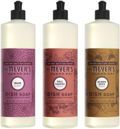 Mrs. MEYER'S CLEAN DAY Liquid Dish Soap 3 Pack Variety, Acorn Spice, Apple Cider, Fall Leaves, 16 OZ Each, 1 CT