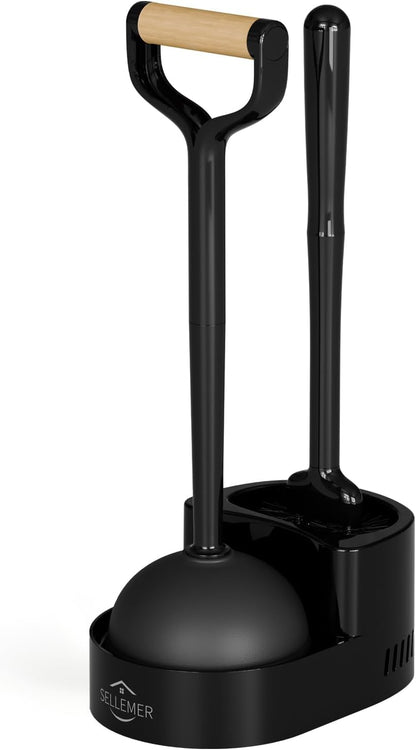 Sellemer Toilet Brush and Plunger Set, Curved Design Head for Deep Cleaning, Heavy Duty Toilet Bowl Brush and Plunger Combo with Holder for Bathroom Cleaning, Black, 1 Pack