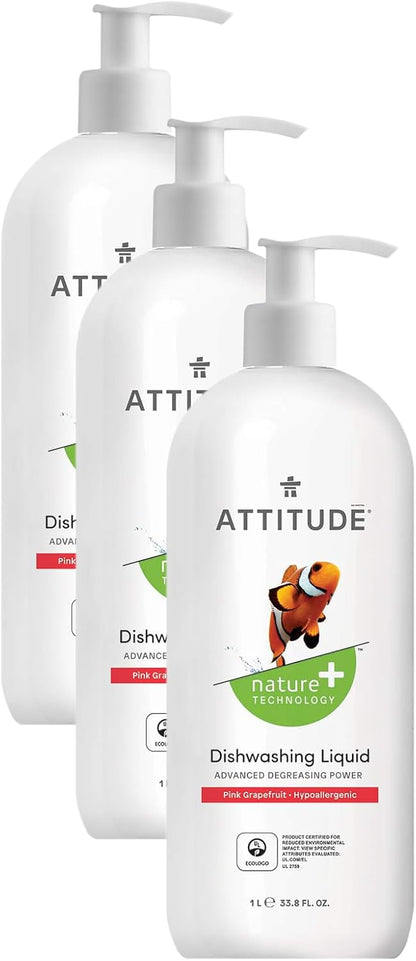 ATTITUDE Dish Soap, EWG Verified, Plant-Based & Vegan Dishwashing Liquid, Naturally Derived, Citrus Zest Scent, 33.8 Fl Oz