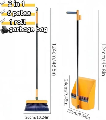2-in-1 Broom with Dustpan Combo Set,Long Handle Broom Dustpan Combo with Dustpan Teeth to Automatically Clean Hair for Home, Indoor or Outdoor Cleaning Hall Floor (Gray)
