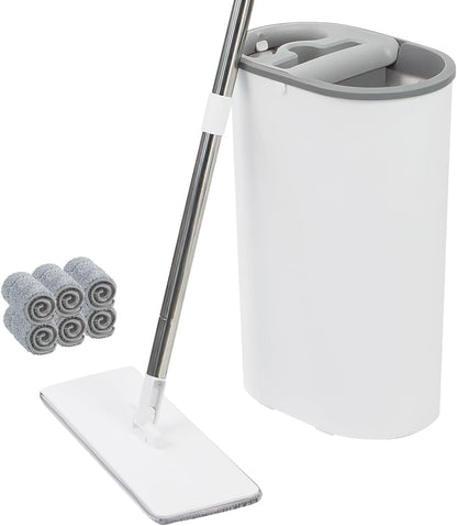 CQT Self-Wringing Mop and Bucket Set for Home Long Handle Flat Mop with 4 Washable Microfiber Pads