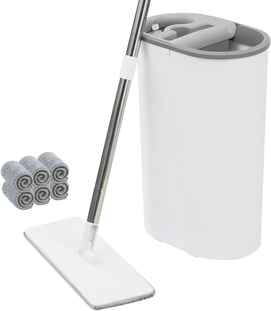 CQT Self-Wringing Mop and Bucket Set for Home Long Handle Flat Mop with 4 Washable Microfiber Pads