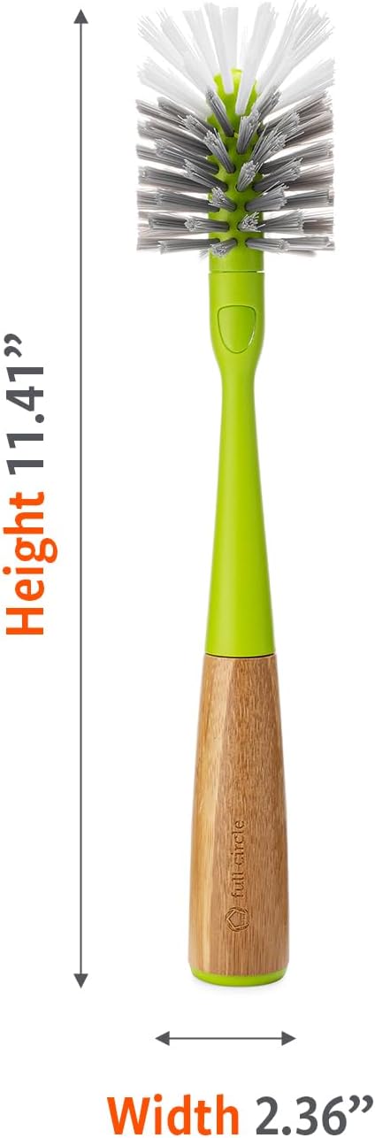 Full Circle Clean Reach - Bamboo Long Handle Bottle & Mug Brush with Replaceable Head, for Deep Cleaning Water Bottles, Baby Bottles, Glasses, and Tumblers, White