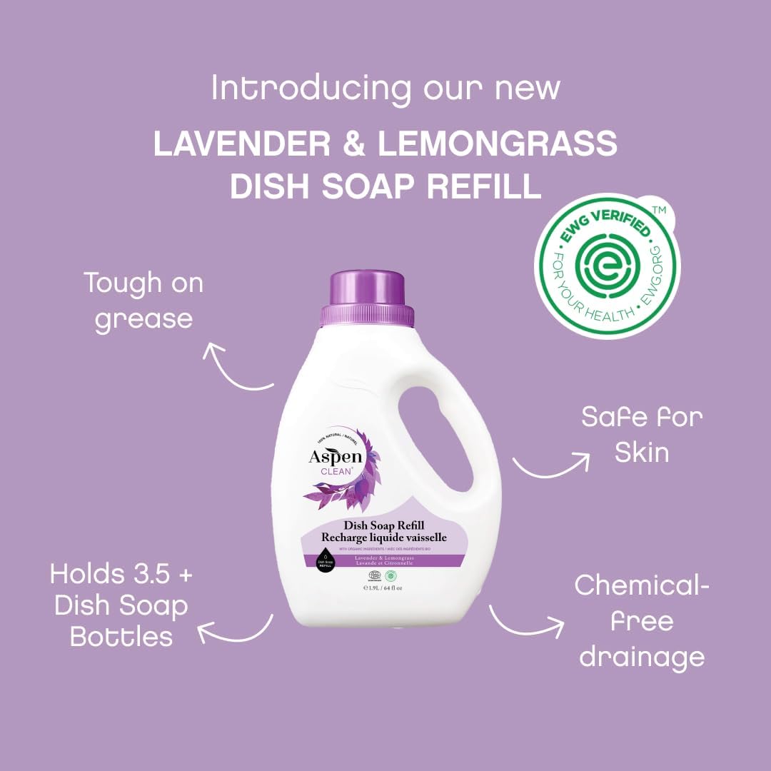 AspenClean | Dish Soap Refill | Lavender and Lemongrass | Liquid Dishwashing Detergent Soap | Non - Toxic | 100% Natural | EWG Verified | 64 fl oz each (2-pack)