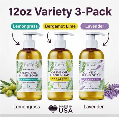 Brittanie’s Pure Castile Liquid Hand Soap Refill, Bergamot | Lavender | Lemongrass, 12 Ounce Pack of 3 | Dish Soap, Hair & Body, Home, Gentle & Pure, Natural Luxurious Oils, Vegan & Gluten Free