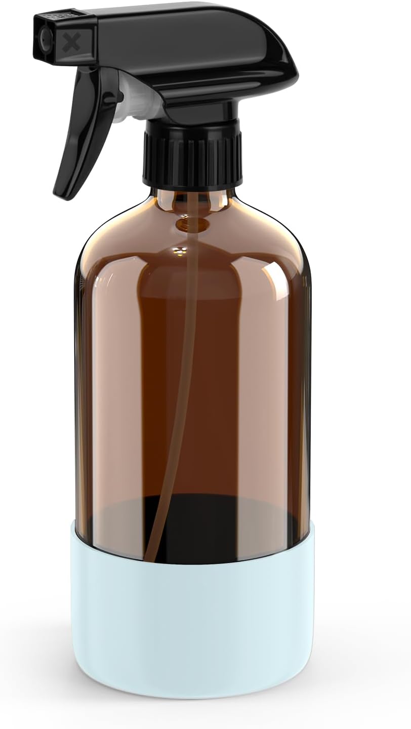 Bontip Amber Glass Spray Bottle with Silicone Sleeve Protection, 16 oz Refillable Spray Bottles for Cleaning Solutions, Plants, Aromatherapy, Facial Hydration (1, Black, 16 oz)