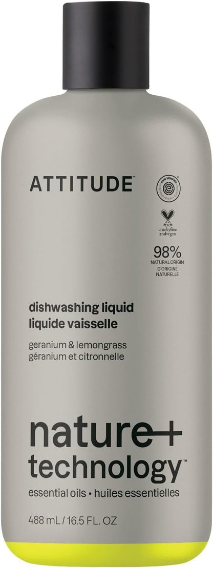ATTITUDE Dish Soap, EWG Verified, Plant and Mineral-Based Ingredients, Vegan and Cruelty-free Household Products, Geranium and Lemongrass, 16 Fl Oz