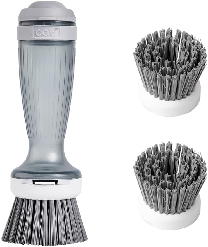 CQT Dish Brush with Soap Dispenser – One-Press Suds, Built-in Scrubbing Pad, Non-Slip Handle for Pots, Pans & Non-Stick Cookware – Includes 2 Refill Heads