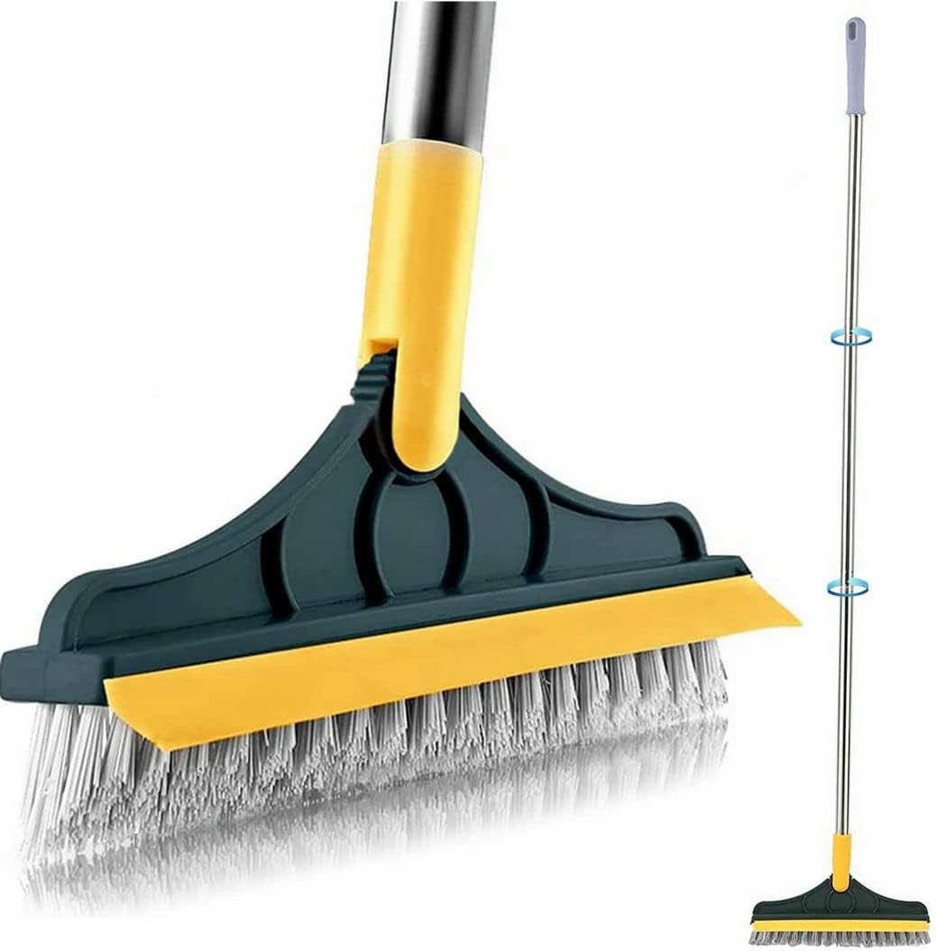 2 in 1 Cleaning Scrub Brush Grout Brush Scrapee 3 Poles 47.6'' Floor Scrub Brush with Long Handle V-Shape Stiff Bristle Brush Scrubber with Squeegee 120°Rotate Shower Cleaning Brush for Bathroom Glass
