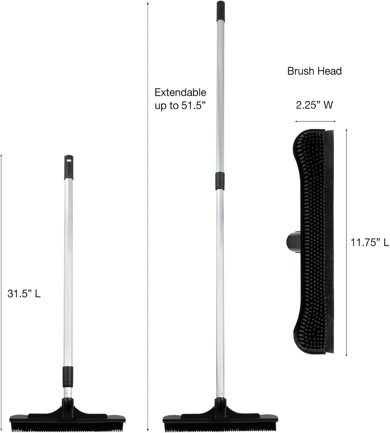 ForPro Extendable Salon Broom, Non-Scratch Rubber Bristles, Aluminum Handle Adjustable to 51.5”, Ideal for Pet Hair, Lint, Dust, Dirt, Black