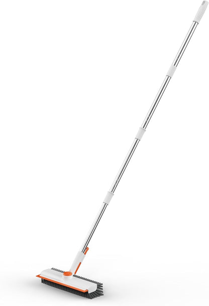 Floor Scrub Brush with Long Handle, 3 in 1 Scrape and Heavy-Duty Stiff Bristle Scrubber Brush for Cleaning Shower Bathroom, Patio, Pool, Garage, Kitchen, Wall and Deck (White, 1 Pack)
