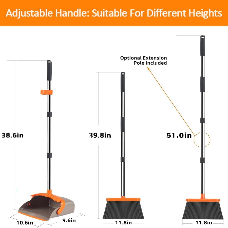 2-Pack is More economical,Brooms with Dustpan Combo Set， with 52" Long Handle, Dustpan Teeth with self-Cleaning Function, Indoor and Outdoor Sweeping, Perfect for Home Office (Large/Red /2-Pack)