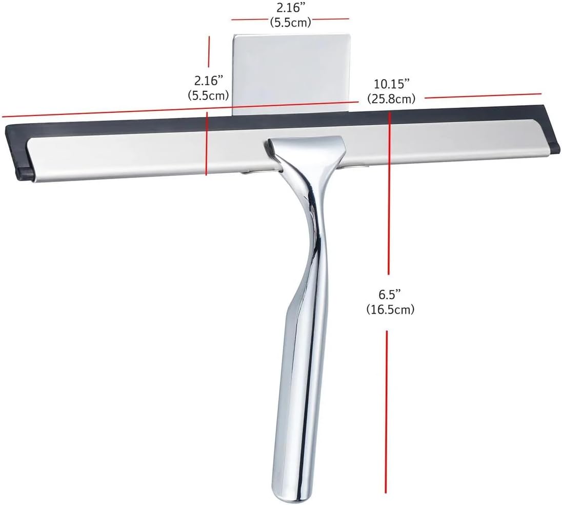 J&V TEXTILES All-Purpose Stainless Steel Shower Squeegee for Glass Doors with Adhesive Hooks, Squeegee for Shower Glass, Bathroom Household Cleaner Tool, 10 Inch (Gold)