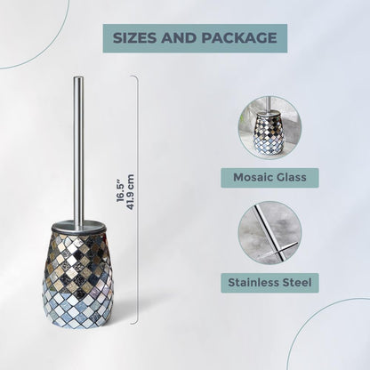 Escenzy Turquoise Green Toilet Brush and Holder Set Mosaic Glass | Non-Rustic Stainless Steel | Practical & Decorative Toilet Bowl Brush and Holder | Luxury Green Bathroom Accessories