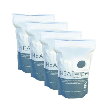 NEATwipes Hand Sanitizing Wipes | Travel Size | Disposable Wet Wipe & Planet Friendly | Lavender Essential Oil & Soothing Aloe | 24 Individually Wrapped Wipes per Package