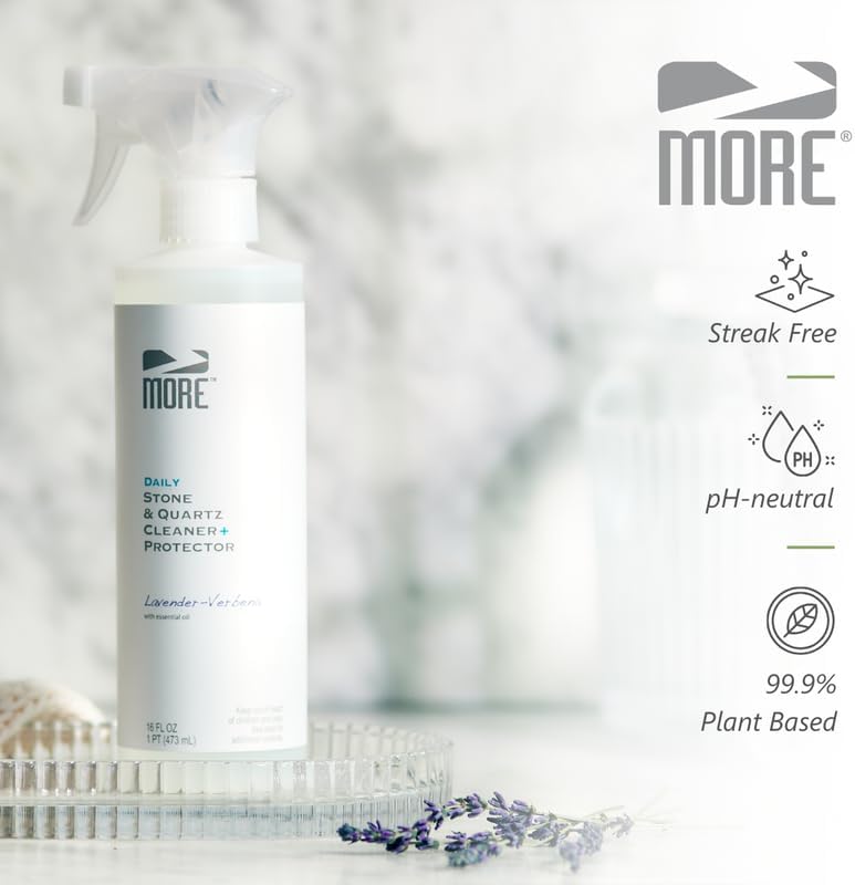 MORE Stone & Quartz Cleaner + Protector - Water-Based Surface Spray - Granite, Quartz & Marble Cleaner - For Kitchen & Bathroom Countertops & Floors - Peppermint-Thyme Essential Oil - Pint (16oz)