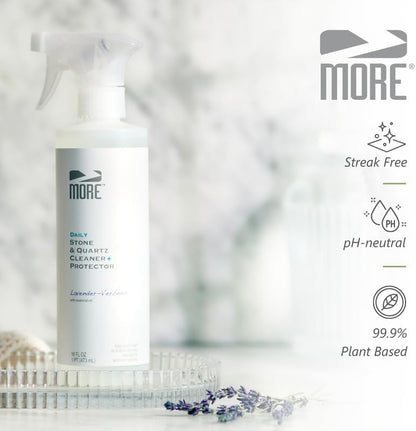 MORE Stone & Quartz Cleaner + Protector - Water-Based Surface Spray - Granite, Quartz & Marble Cleaner - For Kitchen & Bathroom Countertops & Floors - Peppermint-Thyme Essential Oil - Pint (16oz)