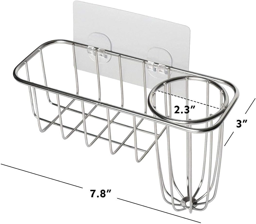 HULISEN 3-in-1 Sponge Holder for Kitchen Sink with Dish Brush Holder, Stainless Steel Caddy for Soap, Scrubber, No Drill and Rustproof, Silver