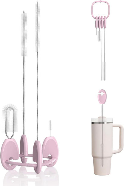 Straw Cleaner Brush Set for 𝗦𝘁𝗮𝗻𝗹𝗲𝘆, Baby Bottles and Sippy Cups,4 in 1 Standing & Hanging Cleaning Set with Holder Ring – Reusable Cleaner for Cup Lids, Spouts and More.(Purple)