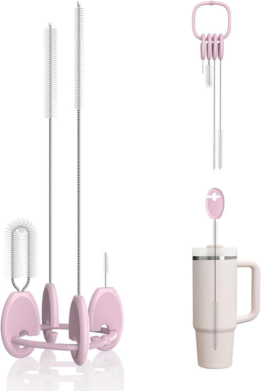 Straw Cleaner Brush Set for 𝗦𝘁𝗮𝗻𝗹𝗲𝘆, Baby Bottles and Sippy Cups,4 in 1 Standing & Hanging Cleaning Set with Holder Ring – Reusable Cleaner for Cup Lids, Spouts and More.(Purple)