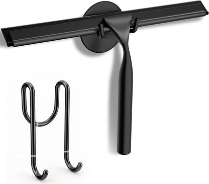 FARMER Shower Squeegee for Glass Doors, 10-Inch Glass Squeegee for Windows, Car Glass and Mirrors, Multi-Purpose Stainless Steel Squeegee with Suction Wall Hook and Over Door Hook, Silver
