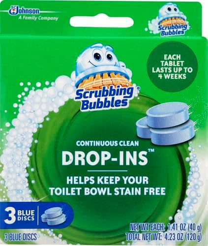 Scrubbing Bubbles Continuous Clean Toilet Drop-Ins, Automatic Blue Toilet Bowl Cleaner, Septic-Safe Tank Tablets Remove Hard Water Minerals & Limescale, Stain & Smell Protection, 3 Count (Pack of 1)
