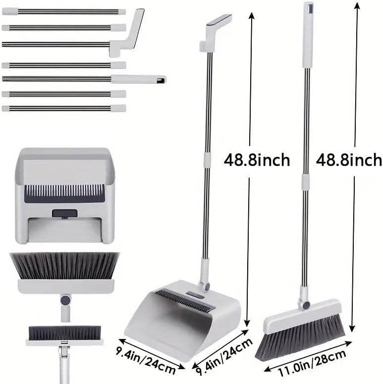 Broom with Dustpan Combo Set, 3 in 1 for Sweeping Indoor and Push Broom Outdoor with Dust Pan, 14.2 to 48.8 inch Adjustable Long Handle Broom and Dustpan Set (White)