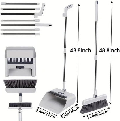 Broom with Dustpan Combo Set, 3 in 1 for Sweeping Indoor and Push Broom Outdoor with Dust Pan, 14.2 to 48.8 inch Adjustable Long Handle Broom and Dustpan Set (White)
