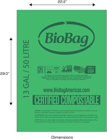 3 Gallon Compostable Food Scrap Bags by BioBag, 100 Count, BPI Certified, Meets ASTM D6400 Standards, Made in USA, Kitchen Trash Bin Liners
