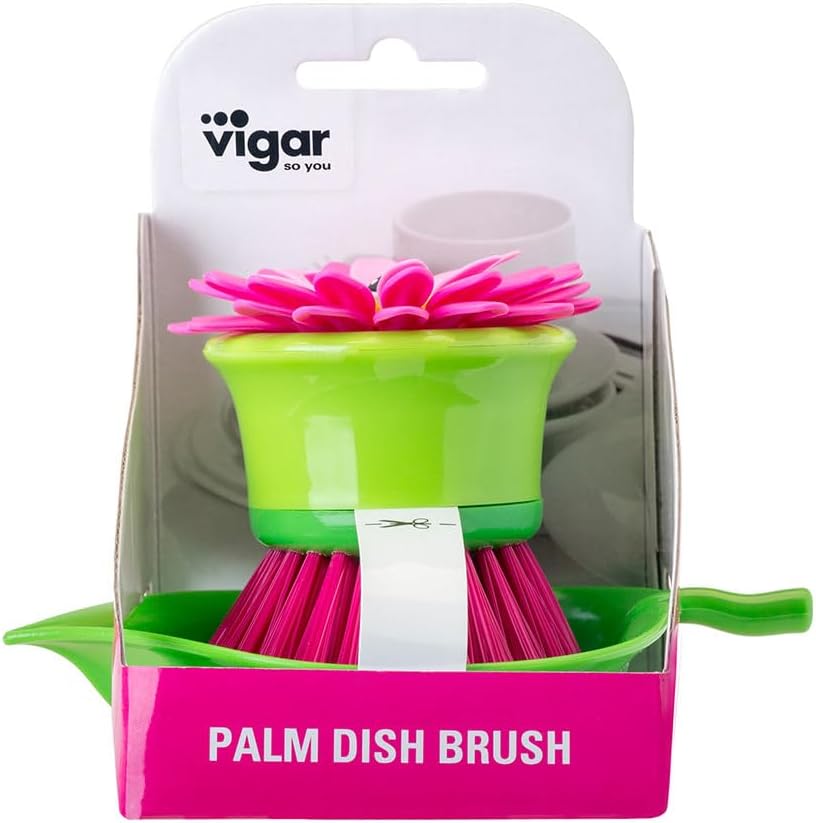 Vigar Flower Palm Dish Scrub Brush with Holder, Perfect Kitchen Brushes for Dishes, Sink Brush and Cleaning Brushes for Household Use, Pink, Green