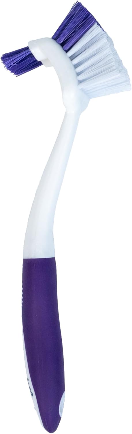 Fabuloso Cleaning Brush with Handle, Compact Handheld Household Scrub Brush for Kitchen, Bathroom, Baseboards, Tile and Floors, Firm Bristles for Indoor Surface Cleaning, White and Purple, 5.5 Inch