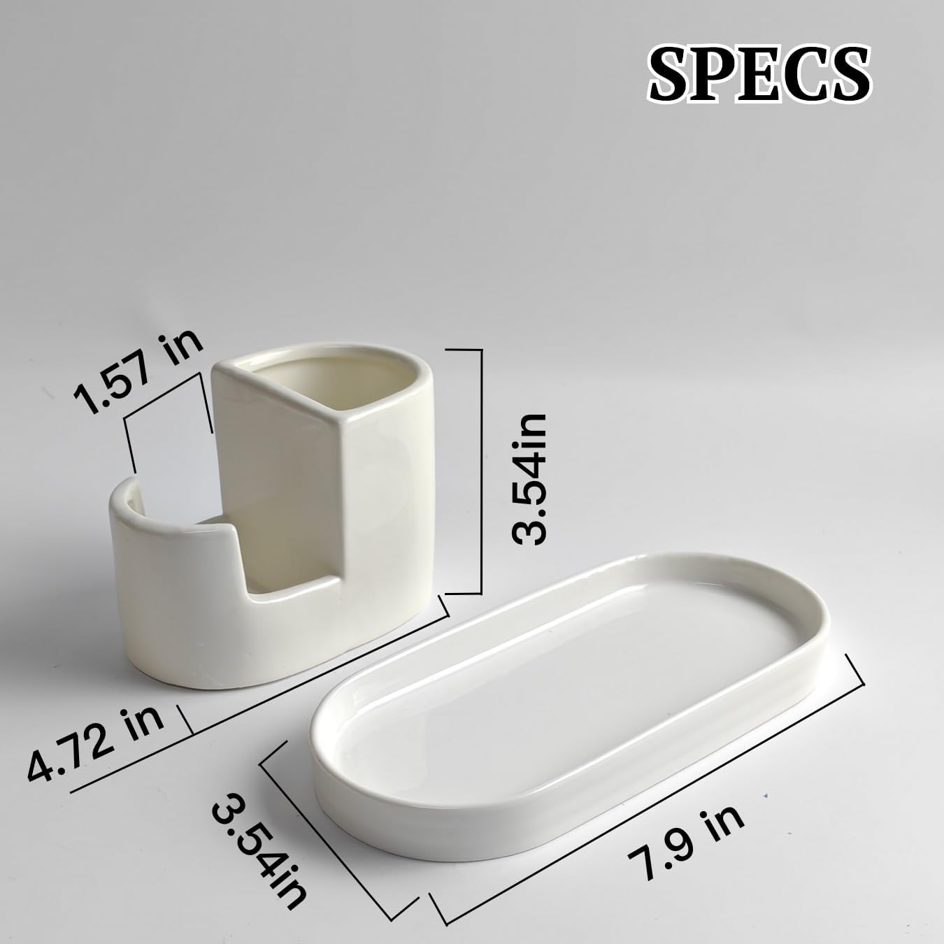 Ceramic Sponge Holder for Kitchen Sink, 2-in-1 Sponge & Brush Organizer, Compact Countertop Sink Caddy with Raised Edge to Catch Drips, Keeps Countertops Dry, Dishwasher Safe, Rustproof, White