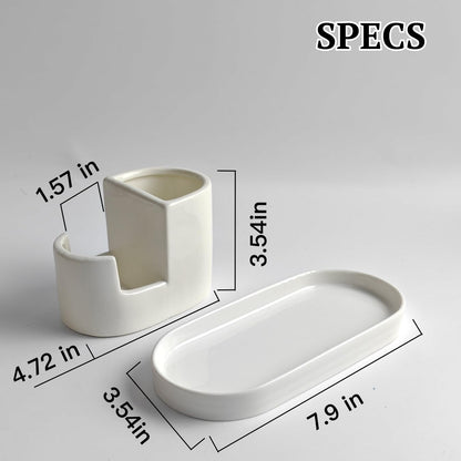 Ceramic Sponge Holder for Kitchen Sink, 2-in-1 Sponge & Brush Organizer, Compact Countertop Sink Caddy with Raised Edge to Catch Drips, Keeps Countertops Dry, Dishwasher Safe, Rustproof, White