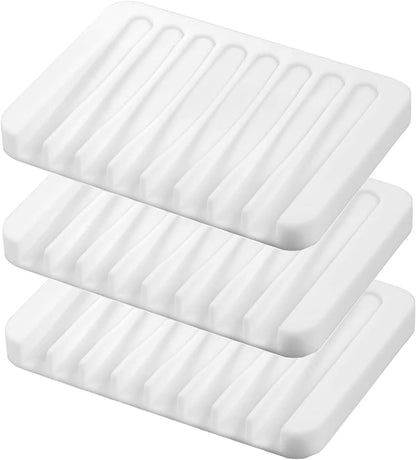 Self Draining Soap Dishes, 3 Pcs Silicone Soap Saver, Waterfall Drainer Soap Holder for Bathroom, Extend Soap Life, Keep Soap Bars Dry Clean & Easy Cleaning (White, Gray, Teal)