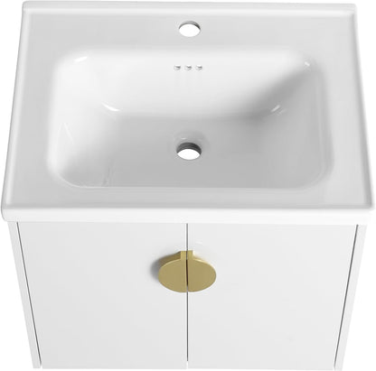 SSLine Modern 24-Inch Bathroom Vanity with Sink Wall Mounted Bathroom Vanity with Top Basin & Storage Cabinet White Wood Floating Vanity w/Ceramic Sink & Gold/Black Handles for Small Space