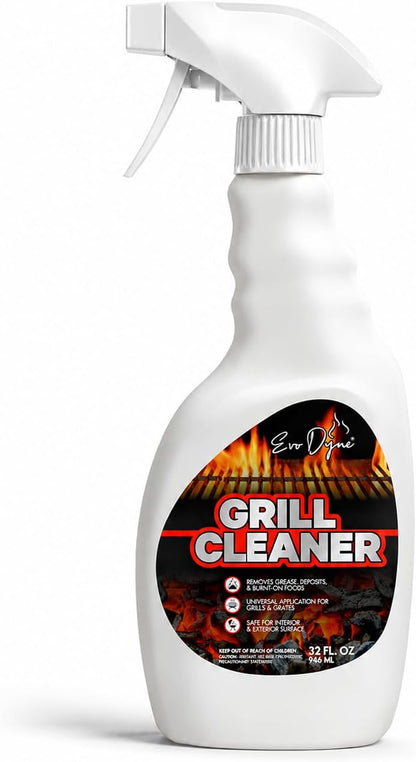 Evo Dyne Grill Cleaner Spray (32 oz), Made in USA - Quickly Cleans BBQ Burnt-on Foods and Grease from Grill Grates - Heavy Duty, Fast-Acting Formula, Less Scrubbing - Food Safe Grill & Oven Degreaser