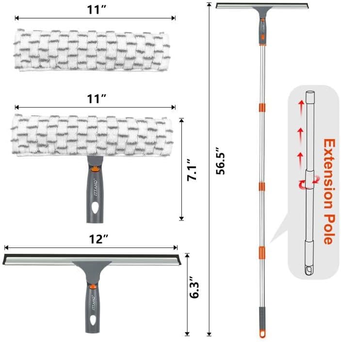 Window Washing Kit with Extension Pole, 10" Squeegee & 11" Microfiber Scrubber Combi with Stainless Steel Pole, Window Cleaner for Car, Sliding Door,Shower Glass Door-Swivel Style-2 Pads
