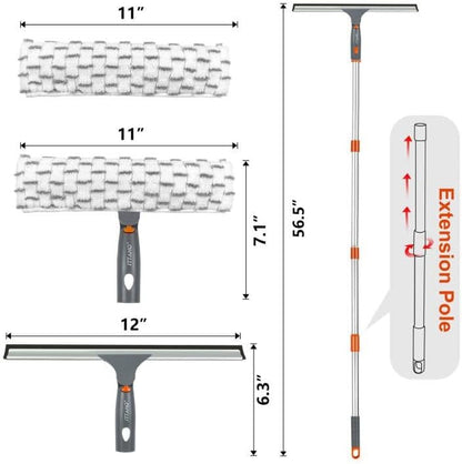 Window Washing Kit with Extension Pole, 10" Squeegee & 11" Microfiber Scrubber Combi with Stainless Steel Pole, Window Cleaner for Car, Sliding Door,Shower Glass Door-Swivel Style-2 Pads