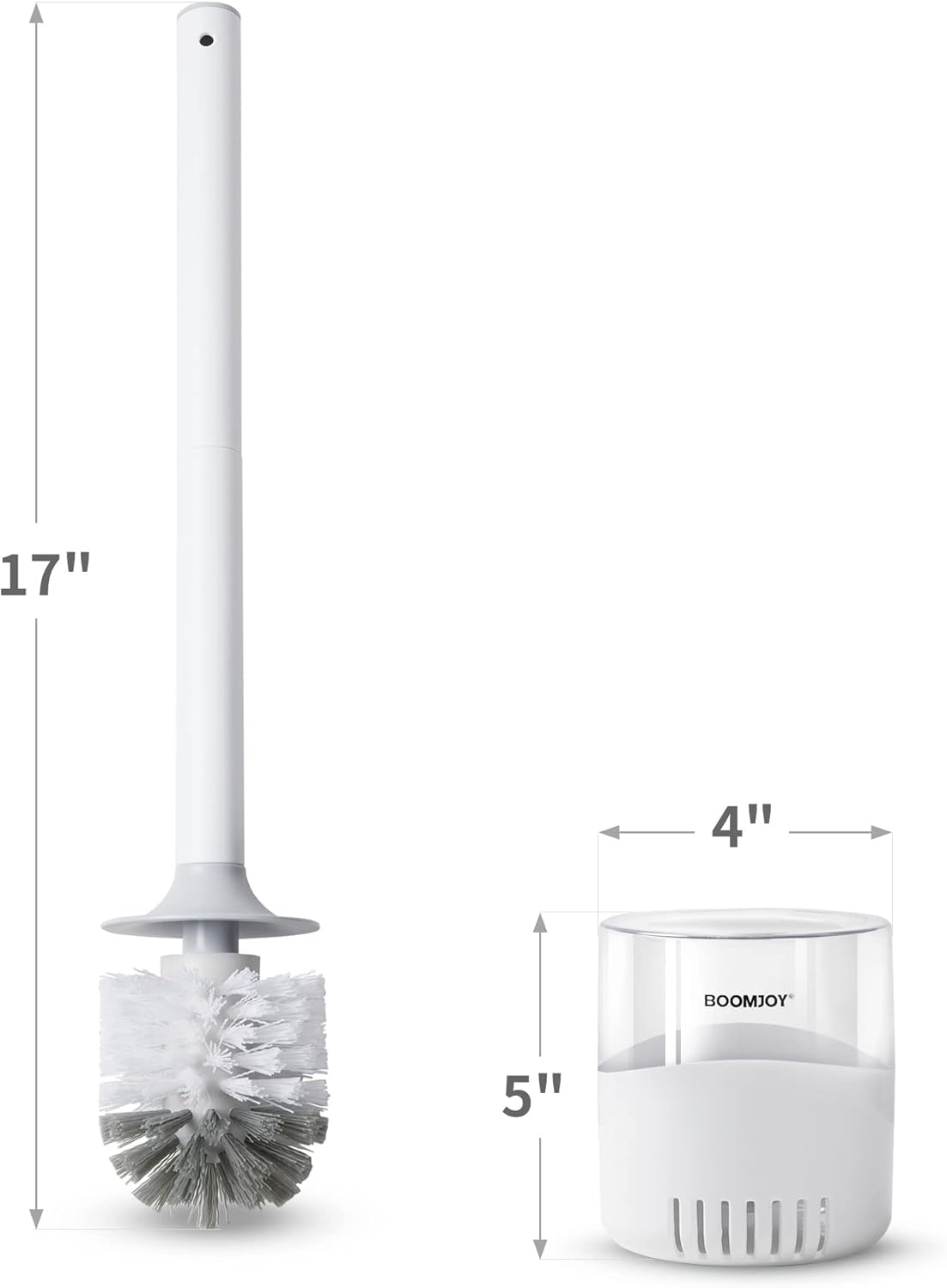BOOMJOY Toilet Brush and Holder Set, Silicone Toilet Bowl Cleaner Brush, Bathroom Cleaning Bowl Kit with Tweezers, Bathroom Accessories with Aluminum Handle - White