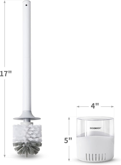 BOOMJOY Toilet Brush and Holder Set, Silicone Toilet Bowl Cleaner Brush, Bathroom Cleaning Bowl Kit with Tweezers, Bathroom Accessories with Aluminum Handle - White