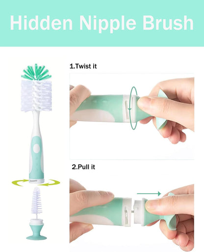 Baby Bottle Brush Set 4 in 1, Baby Bottle Cleaner, with 1P Nylon Bottle Brush, 1P Bottle Cap Brushes, 2P Straw Brushes, Bottle Brush with Nipple Cleaner and Suction Cup, BPA-Free(Green)