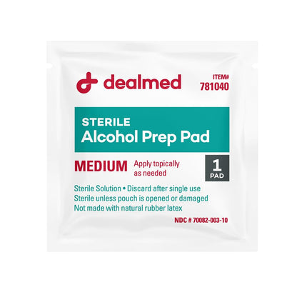Dealmed 200 Sterile Alcohol Prep Pads Isopropyl Wipes Individually Wrapped Medium Square, 2-Ply for Cuts Scrapes and General Cleansing