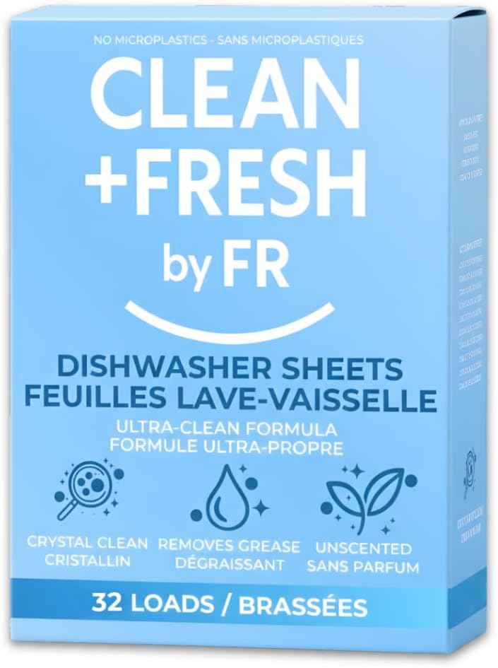 Dishwasher Detergent Sheets – Dishwasher Detergent Pods & Tabs Alternative – Clean + Fresh – 32 Loads – Ultra Concentrated, Quick Dissolve, Plastic-Free, Powerful Grease & Stain Removal, Unscented